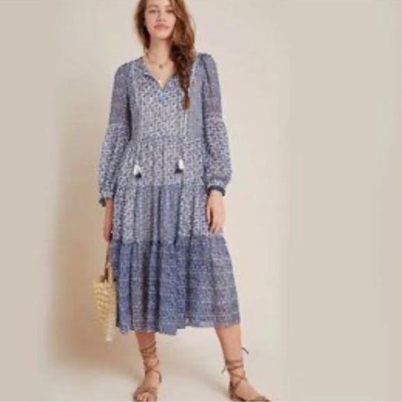 Anthropology Boho Floral Blue Maxi Dress Sz XS - Picture 1 of 9